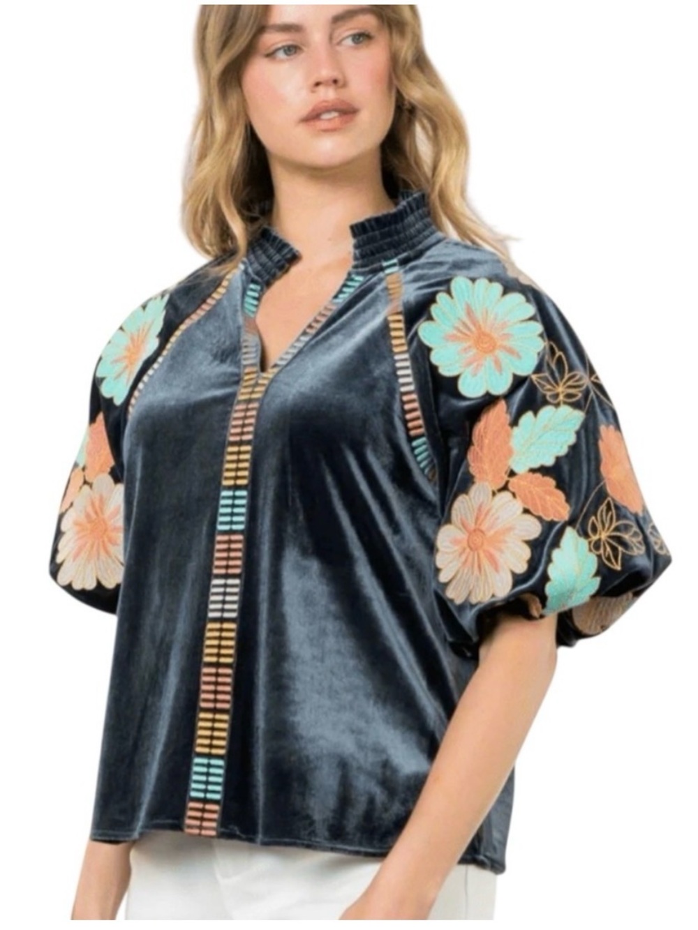 THML blue velvet embroidered puff sleeve blouse, size S